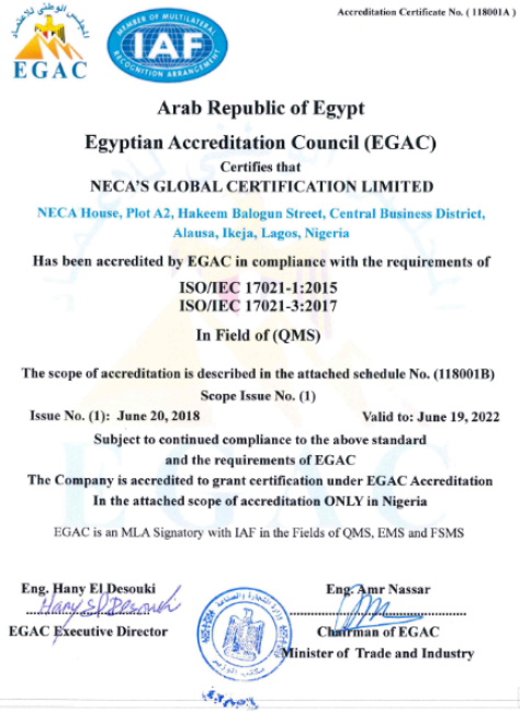 Certified in Nigeria and Accepted Globally – NECA Global Certification Limited officially accredited by the Egyptian Accreditation Council 
